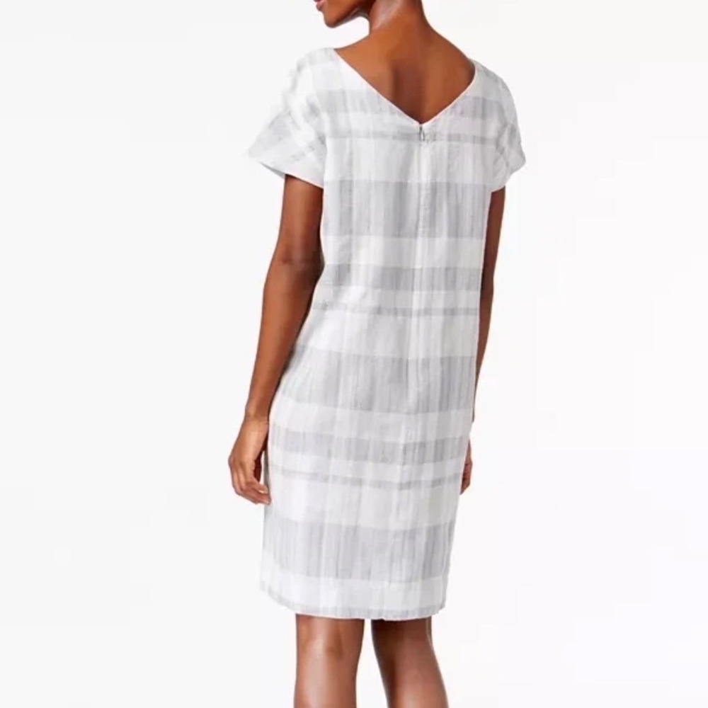 Eileen Fisher Grey White Plaid Linen Shift Dress Short Sleeve Pockets Medium